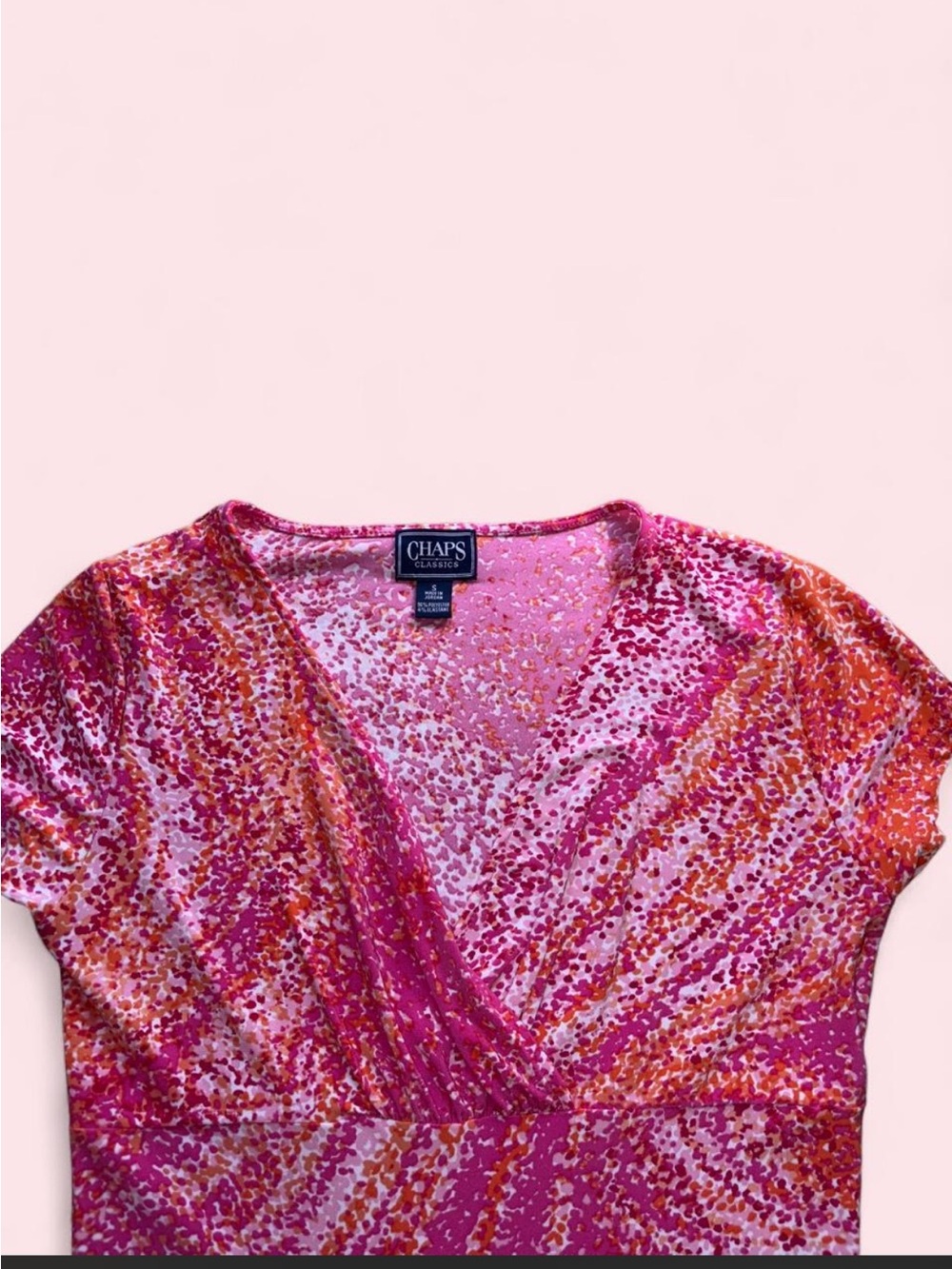 Y2K 2000s Style Chap’s Classics Abstract Pink & Orange V-Neck Faux Wrap Top - Picture 3 of 7
